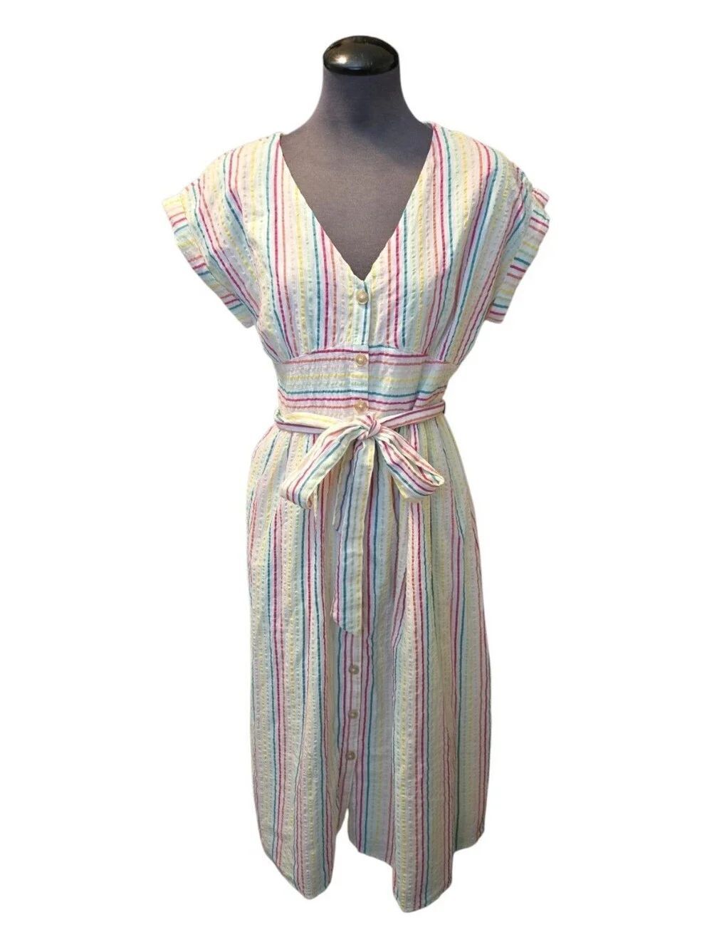 NWT LOFT Rainbow Striped Seersucker Dress W/ Buttons and Waist Belt